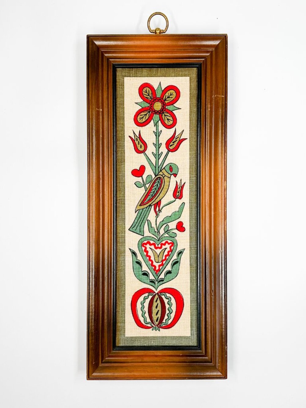 Vtg Turner Folk Art Framed Screen Print Birds Flowers 70's MCM Dutch Texture